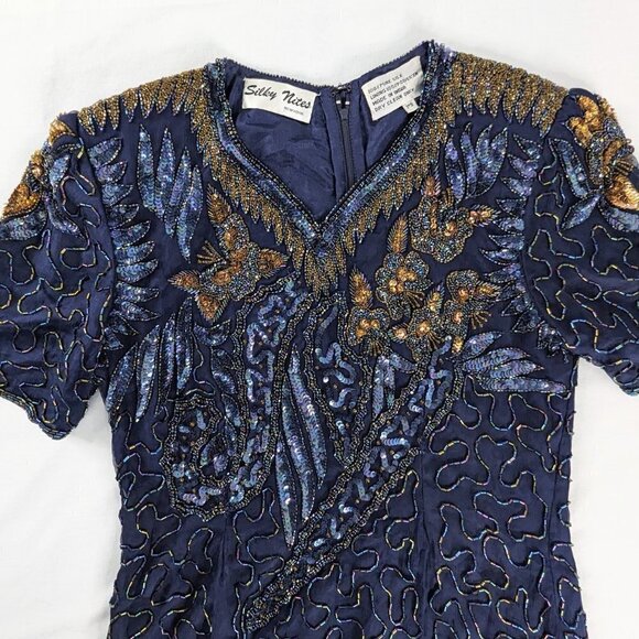VTG Navy Blue Gold Silk Beaded Short Sleeve V Neck Formal Midi Dress - Picture 3 of 10